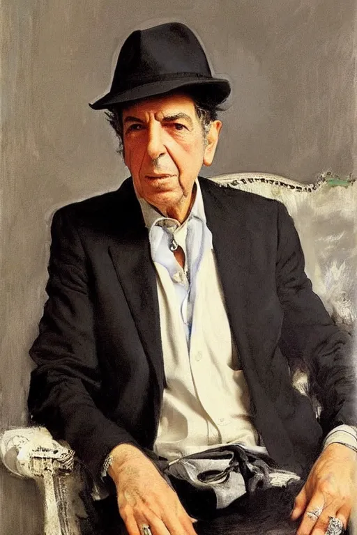 Prompt: Leonard Cohen, wearing a trilby hat, portrait by John Singer Sargent, Frank McCarthy, Robert McGinnis, norman Rockwell