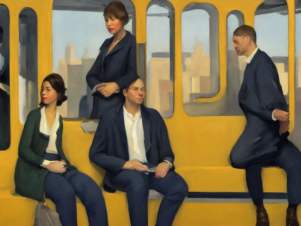 Prompt: an oil painting by Edward Hopper, 3/4 low angle view wide shot of two people sitting in an empty Chicago subway train, in front of windows: a sad Aubrey Plaza in a parka and a friendly Mads Mikkelsen in a suit