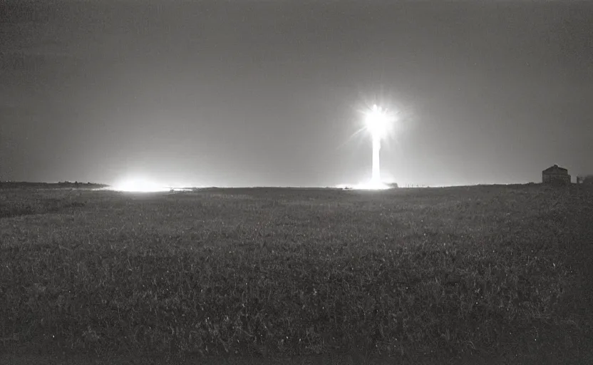 Image similar to red beam of light from lighthouse rotating over the field, night, unsettling, smoke and fire on the horizon, photo 1998