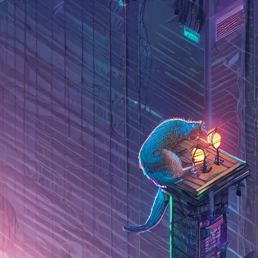Prompt: possum lost in the jungle at night, cyberpunk, isometric, highly detailed, hyperrealistic 8k , digital art