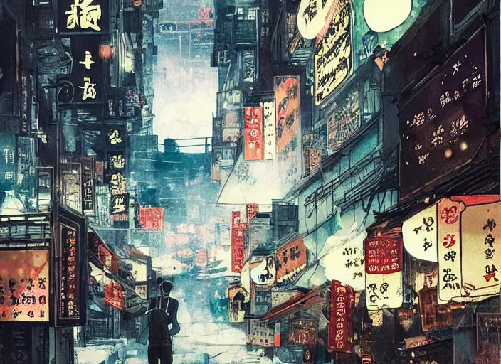 Image similar to anime illustration of 1 9 2 0 s hong kong at night lit by the stars, wispy smoke, highly detailed face, very intricate, symmetrical, cinematic lighting, award - winning, painted by wong kar - wai and mandy jurgens and peter doig, dystopian, bold colors, dark vibes, featured on artstation