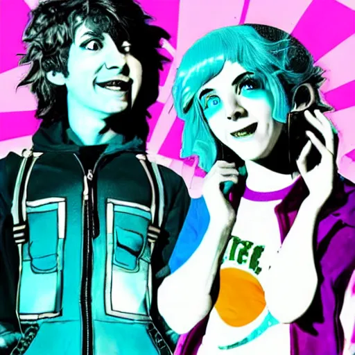 Prompt: vaporwave ramona flowers and scott pilgrim, distorted, warped, varying angles, varying locations, grid,