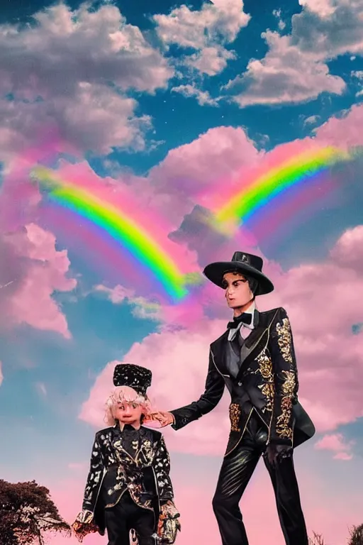 Image similar to Ethereal safari landscape with a pink rainbow sky under a god moonstone, black leather and embroidered Lolita dapper bespoke avant-garde tuxedo in velvet, black and gold rich color, dramatic cinematic lighting, featured on Artstation, extremely detailed by Lisa Frank