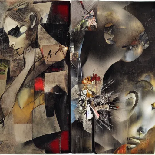 Prompt: tango, collage and oil on canvas by dave mckean and yoshitaka amano