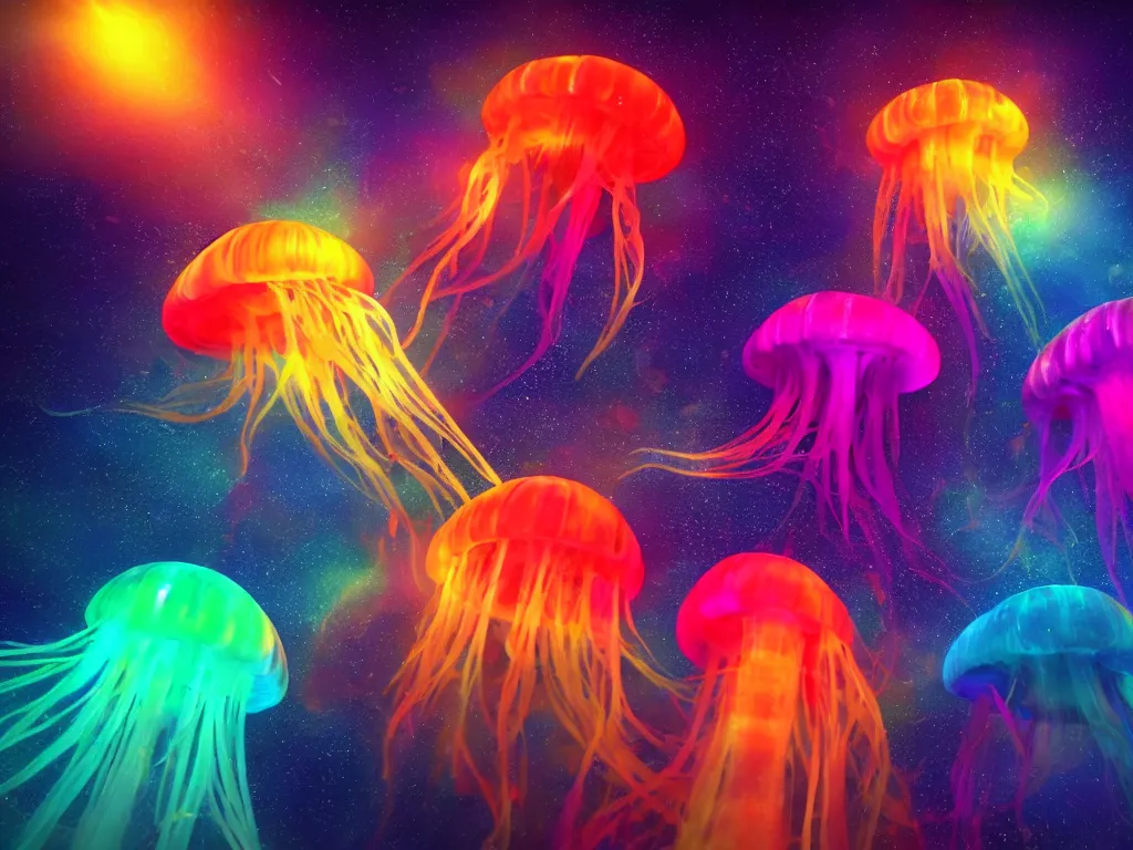 Image similar to three jellyfish swimming in a colorful nebula with shafts of light under a rainbow, trending on artstation, rendered in cinema 4 d, 8 k 3 d, cgsociety, zbrush, volumetric light, lightrays, cinematic, atmospheric, octane render, flickr, filmic, cryengine