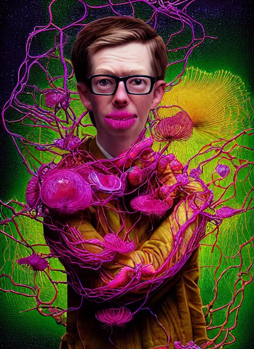 Prompt: hyper detailed 3d render like a Oil painting - serious portrait of Hank Green in Aurora (Singer) seen Eating of the Strangling network of yellowcake aerochrome and milky Fruit and Her delicate Hands hold of gossamer polyp blossoms bring iridescent fungal flowers whose spores black the foolish stars by Jacek Yerka, Mariusz Lewandowski, Houdini algorithmic generative render, Abstract brush strokes, Masterpiece, Edward Hopper and James Gilleard, Zdzislaw Beksinski, Wolfgang Lettl, hints of Yayoi Kasuma, octane render, 8k