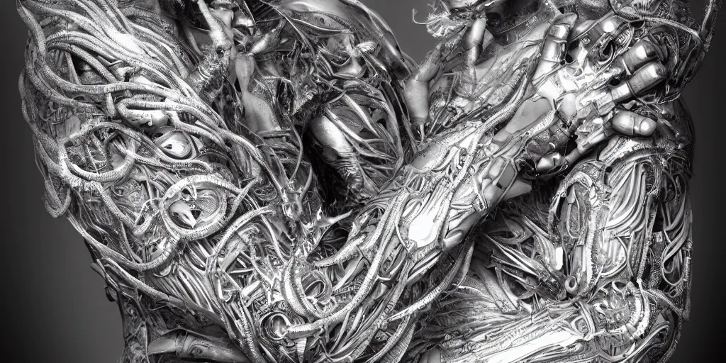 Image similar to hyper realistic photography of a stunningly beautiful cyborg male, elbow, plated arm, intimate, holding hands, ribbons, in the style of beth cavener, jin kagetsu,, and wlop, highly detailed, intricate filigree, symmetry, masterpiece, award winning, sharp focus, concept art, ringflash, ambient lighting, octane render, 8 k, artstation