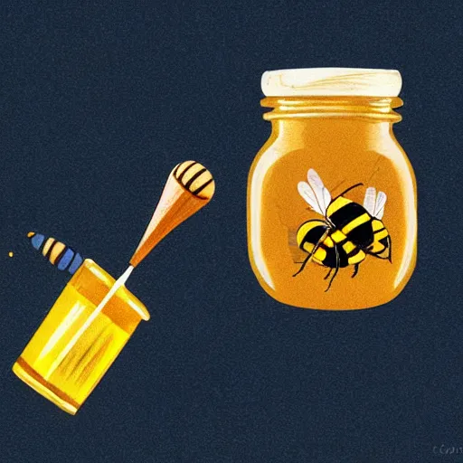 Image similar to cute bee flying out of a jar of honey with a wooden honey dipper in it, concept art, illustrated, highly detailed, high quality, bright colors, optimistic,