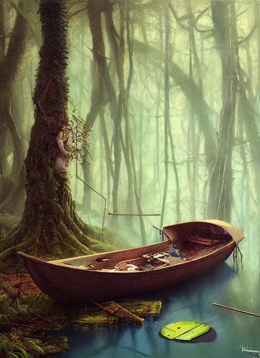 Image similar to boat in the woods by a river gorgeous lighting, lush forest foliage blue sky a hyper realistic painting by chiara bautista and beksinski and norman rockwell and greg rutkowski, tom bagshaw weta studio, and lucasfilm