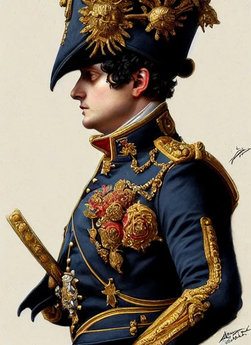 Image similar to portrait of napoleon bonaparte, royalty, extravagant, lord, full body, military uniform, fantasy, intricate, elegant, beautiful, highly detailed, charcoal, centered, dark, smokey, digital painting, artstation, concept art, art by artgerm and greg rutkowski and alphonse mucha