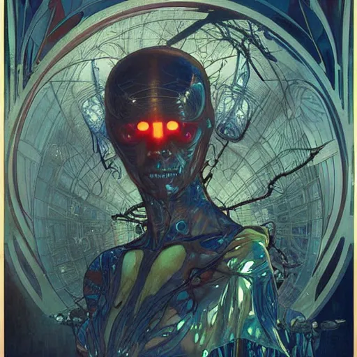 Image similar to the alien cosmic dragonfly looks into your eyes with its eyes at the end of all of time and space and life, by Greg Rutkowski and Alphonse Mucha, horror, existential, artstation, cgsociety