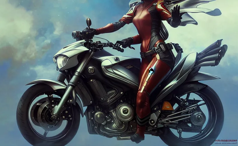 Image similar to Police female riding yamaha motorcycle, sci-fi, highly detailed, digital painting, artstation, concept art, smooth, sharp focus, illustration, art by artgerm and greg rutkowski and alphonse mucha