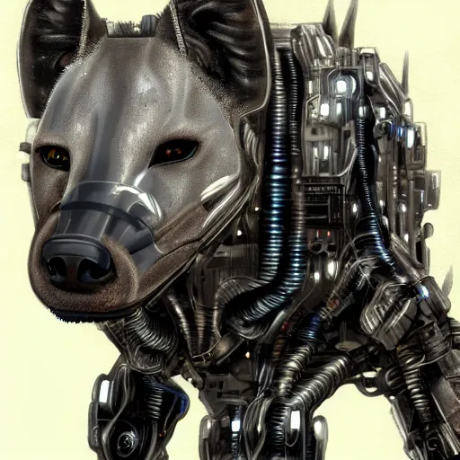 Image similar to cybernetic hyena, bladerunner style, cyborg with lots of metal and wires, realistic highly detailed concept art