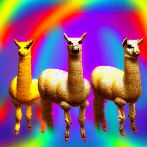 Image similar to 3 rainbow llamas standing around a crt monitor, render,