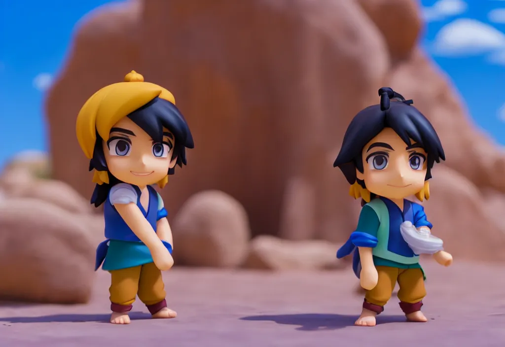 Image similar to side view of young aladdin as nendoroid running in desert village, 8 k hd dof, kodak film,