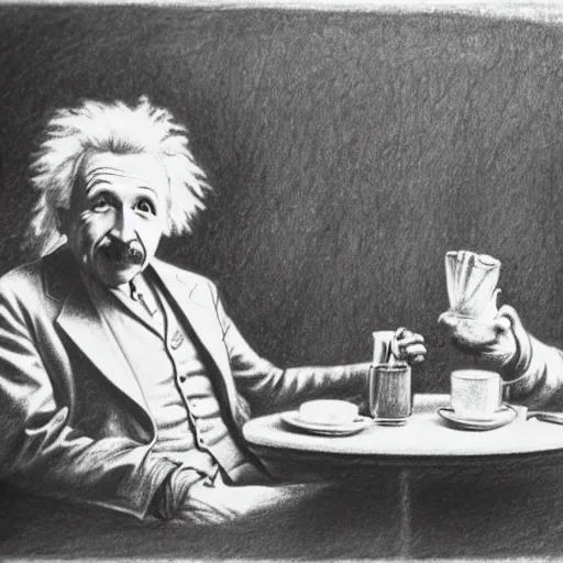 Prompt: Einstein and Tesla sitting at cafe, pencil drawing, ultra detailed