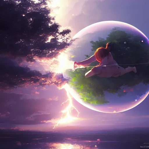 Prompt: A ultra detailed beautiful panting of a fragile and delicate bubble containing the last lightning of green hope, oil panting, high resolution 4K, by Ilya Kuvshinov, Greg Rutkowski and Makoto Shinkai