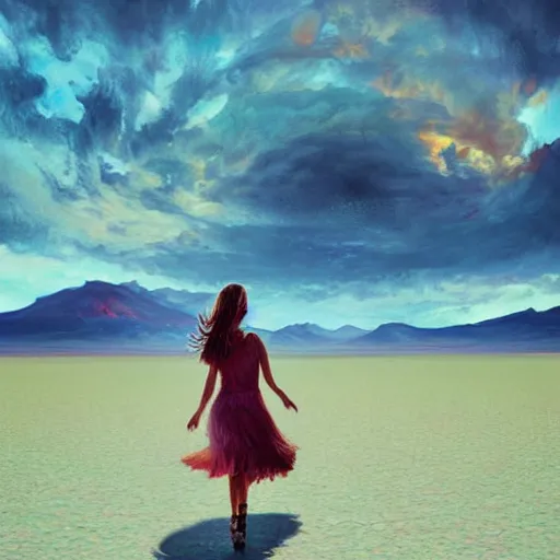 Image similar to giant daisy flower head, girl walking on salt flats mountains, surreal photography, sunrise, dramatic light, impressionist painting, colorful clouds, digital painting, artstation, simon stalenhag