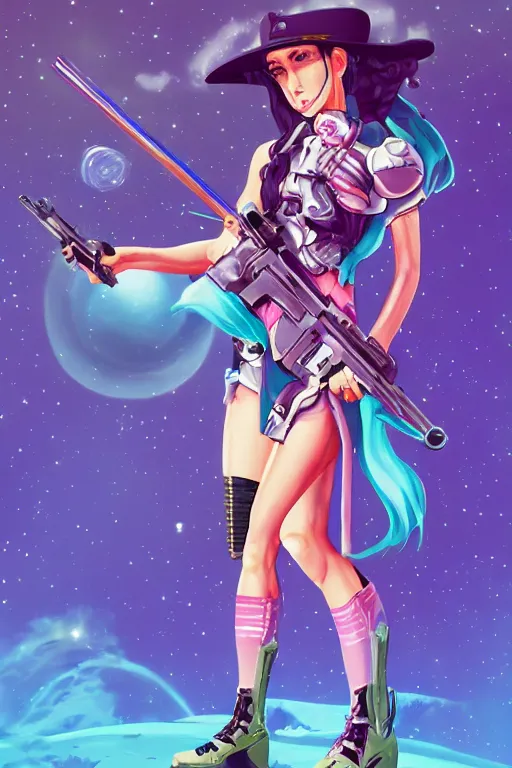 Prompt: Concept art of a beautiful space cowgirl holding a rifle. Vaporwave