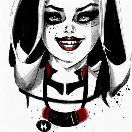 Prompt: harley quinn headshot portrait drawn in black and white watercolor, manga panel style, wlop, trending on artstation