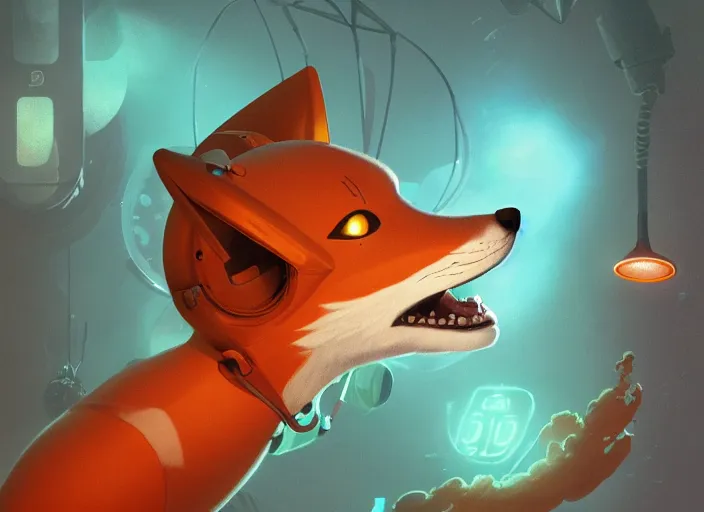 Image similar to An anthropomorphic cartoon fox as a retrofuturistic deep sea diver, helmet with led lights, underwater in the ocean at night, clear water, volumetric lighting, glowing lights, 4k, octane, digital painting, artstation, concept art, cinematic film, sharp focus, illustration, art by artgerm and greg rutkowski and alphonse mucha , wide angle view,