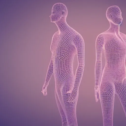 Image similar to beautiful abstract human bodies intertwined, wireframe, perfect topology, 3 d model, 3 d mesh, gradients, atmospheric lighting, octane render