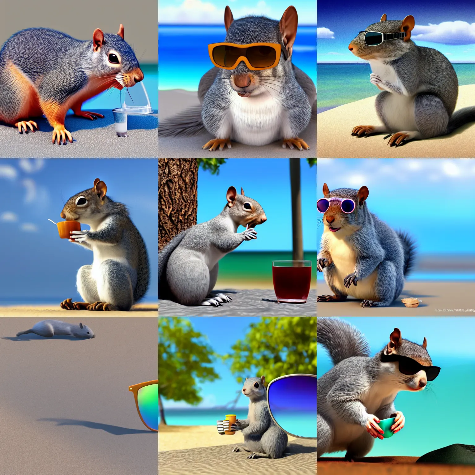 Prompt: a gray squirrel lounging on the beach, drinking iced - tea, wearing sunglasses, 3 d render, pixar, beautiful colors, detailed. clean.