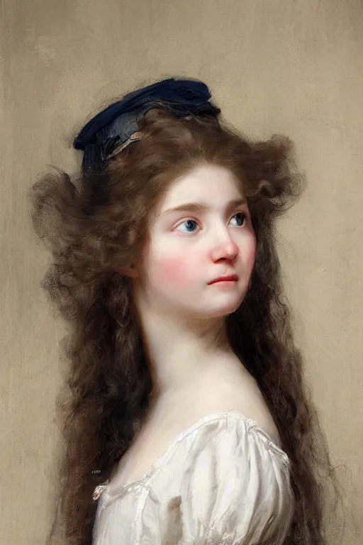 Prompt: museum painting, close - up, 1 4 years old girl,!!! white!!! long gathered hair, mischievous face, dressed in 1 8 th century clothes, sharp focus, highly detailed, digital art, oil painting, masterpiece, artgerm, rutkowski