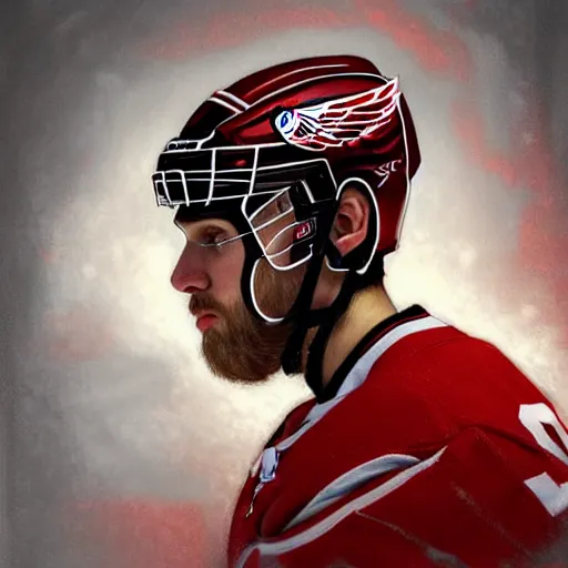 Image similar to Portrait of Red Wings hockey player The Professor, fantasy, intricate, elegant, highly detailed, digital painting, artstation, concept art, smooth, sharp focus, luxury fashion illustration, art by artgerm and greg rutkowski and alphonse mucha, brightly lit cinematic soft lighting, photorealistic