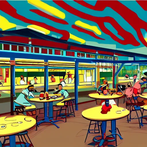 Prompt: A hawker centre in the style of Syd Mead