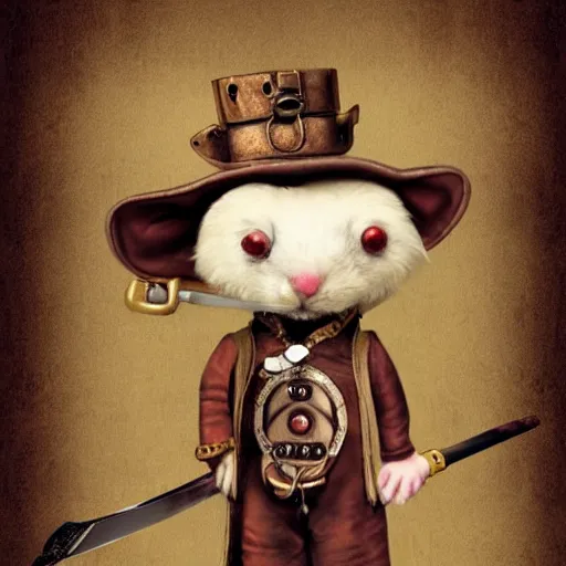 Prompt: A mouse in steampunk attire with a sword