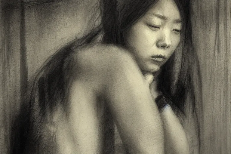 Image similar to a sad japanese lady by jeremy mann - graphite sketch