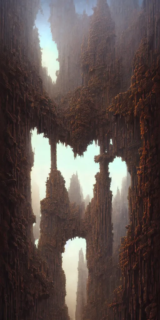 Prompt: landscape, infinite fractal column of stone, cyberpunk, sci fi, horror, monstrous, jewellery, highly detailed, complex, intricate, baroque, matte painting, cinematic, by rhads and mohrbacher and zdzislaw beksinski,