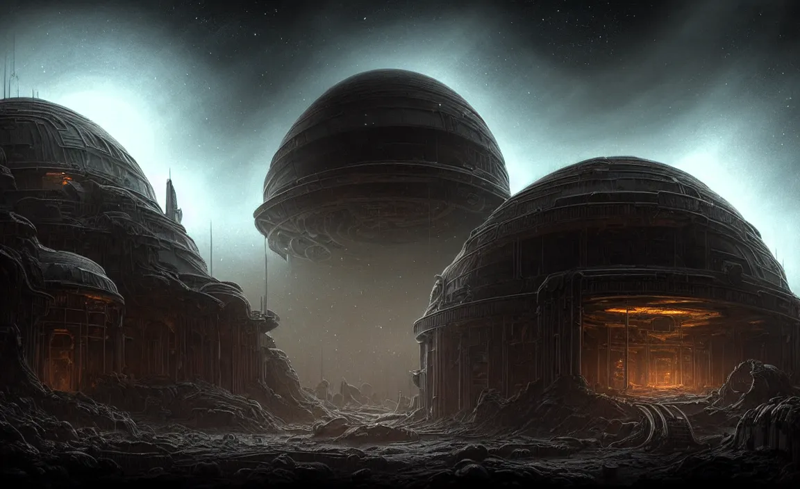 Image similar to epic professional sci - fi digital art of ruined domed planetary outpost, eerie atmospheric lighting, painted, detailed, intricate, impressive foreboding, by leesha hannigan, wayne haag, reyna rochin, ignacio fernandez rios, mark ryden, iris van herpen, hdr, 8 k, epic, stunning, gorgeous, much wow, cinematic, masterpiece