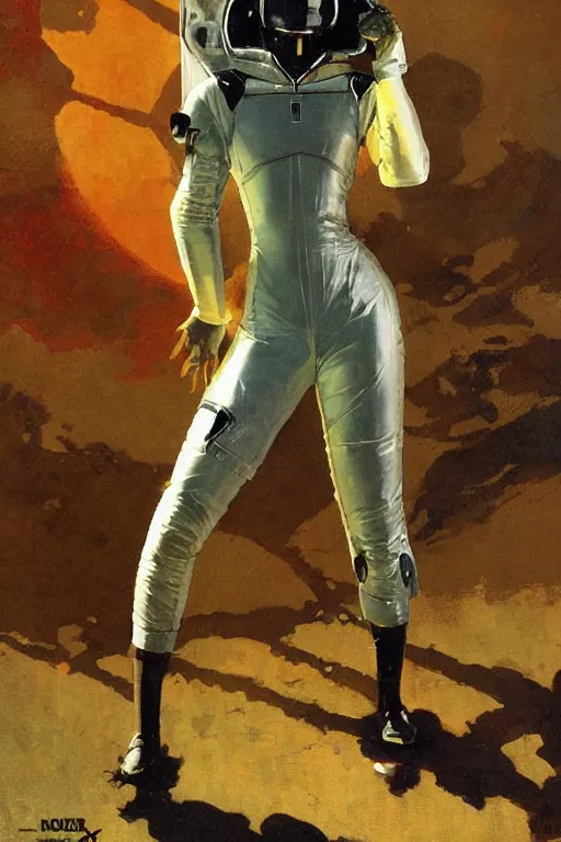 Image similar to pulp scifi fantasy illustration full body portrait of elegant woman wearing latex spacesuit, by norman rockwell, jack kirby, bergey, craig mullins, ruan jia, jeremy mann, tom lovell, 5 0 s, astounding stories, fantasy