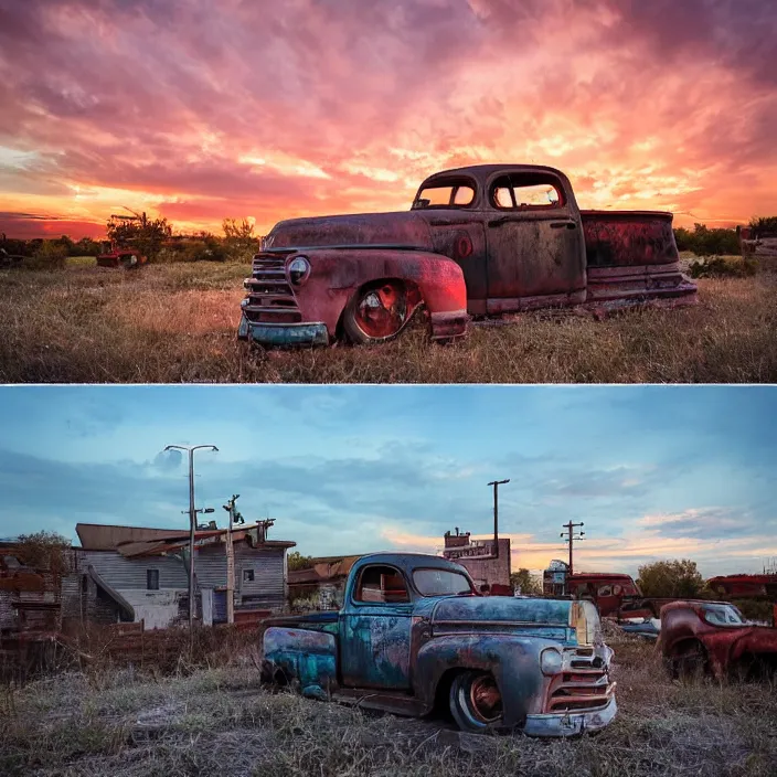 Image similar to a sunset light landscape with historical route 6 6, lots of sparkling details and sun ray ’ s, blinding backlight, smoke, volumetric lighting, colorful, octane, 3 5 mm, abandoned gas station, old rusty pickup - truck, beautiful epic colored reflections, very colorful heavenly, softlight