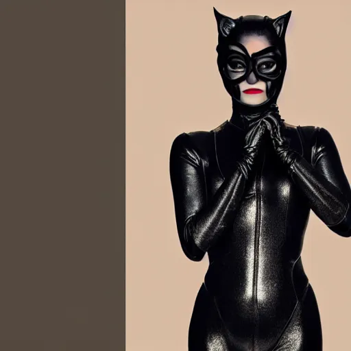 Prompt: Fully-clothed full-body portrait of Emma Stone as catwoman with eyes covered, XF IQ4, 50mm, F1.4, studio lighting, professional, 8K