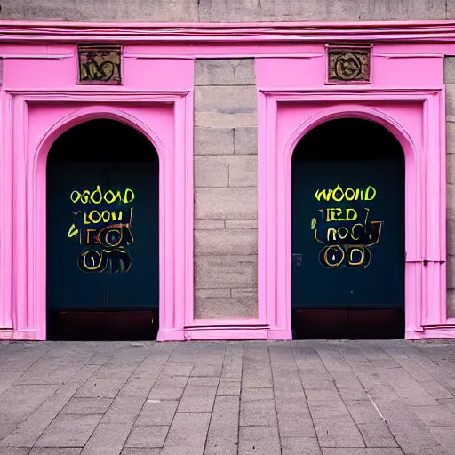 Prompt: A pink neon sign with rounded lowercase letters spelling ODOO above the front door of a cathedral