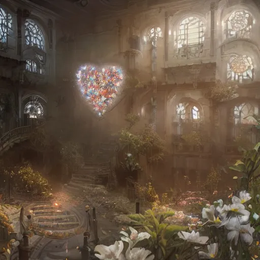 Image similar to biocomputer heart with white biocomputer flowers and biomechanical flowers, intricate environment, matte painting, diffused lighting, highly detailed cinematic, epic composition, highly detailed, atmospheric, wide angle, artstation trending