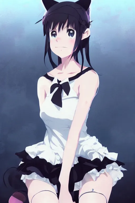 Prompt: anime girl with cat ears wearing a black dress, anime style, gorgeous face, by makoto shinkai, by wenjun lin, digital drawing, video game art