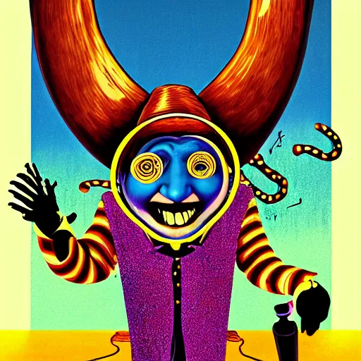 Image similar to graphic illustration, creative design, willy wonka as baphomet, biopunk, francis bacon, highly detailed, hunter s thompson, mixed media