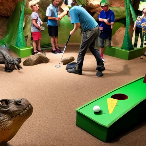 Prompt: mini golf in a dinosaur exhibit