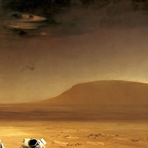 Image similar to astronaut standing on the surface of mars, looking at the turbulent sky on the horizon as painted by caravaggio as painted by turner, high detail 8 k render