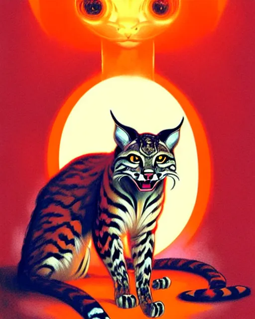 Image similar to male bobcat alien with orange fur and a white t - shirt with a red exclamation mark, full body, art by artgerm and greg rutkowski and alphonse mucha