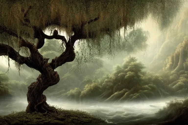 Prompt: masterpiece painting of the old man willow ebony tree of life on a hillside overlooking a creek | dramatic lighting | malign tree - spirit of great age | hyperrealism concept art of highly detailed by andreas franke