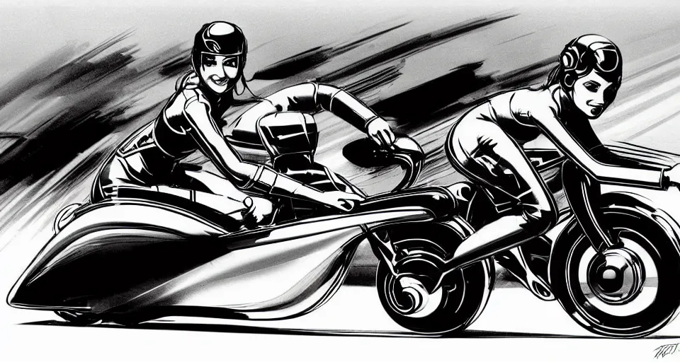 Prompt: Tuesday Weld riding TRON Lightcycle in TRON fanciful whimsical motorcycle in Concept Art by Ric Heitzman, Syd Mead