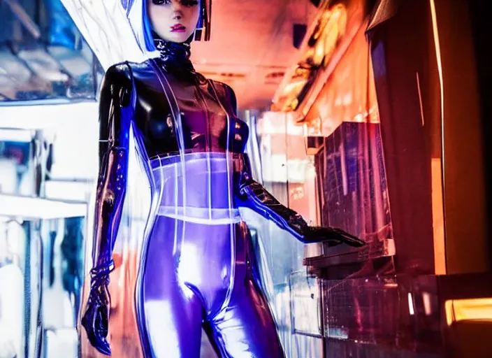 Image similar to a close - up of cyberpunk european man women with black eyes and pretty face wearing latex catsuit and lots of transparent and cellophane accessories, blue hour, twilight, cool, unsettling set design with extreme detail, moody cinematography, crisp, by mayumi hosokura