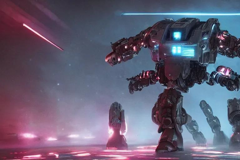 Prompt: VFX movie of a futuristic inhuman alien spacemarines Mech in future spaceship, firing gun at alien horde detailed creature skin neon lighting by Emmanuel Lubezki