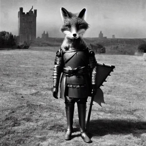 Prompt: anthropomorphic fox!! who is a medieval knight holding a swo - rd towards a stor - my thundercloud [ 1 9 3 0 s film still ], ( castle in the background )