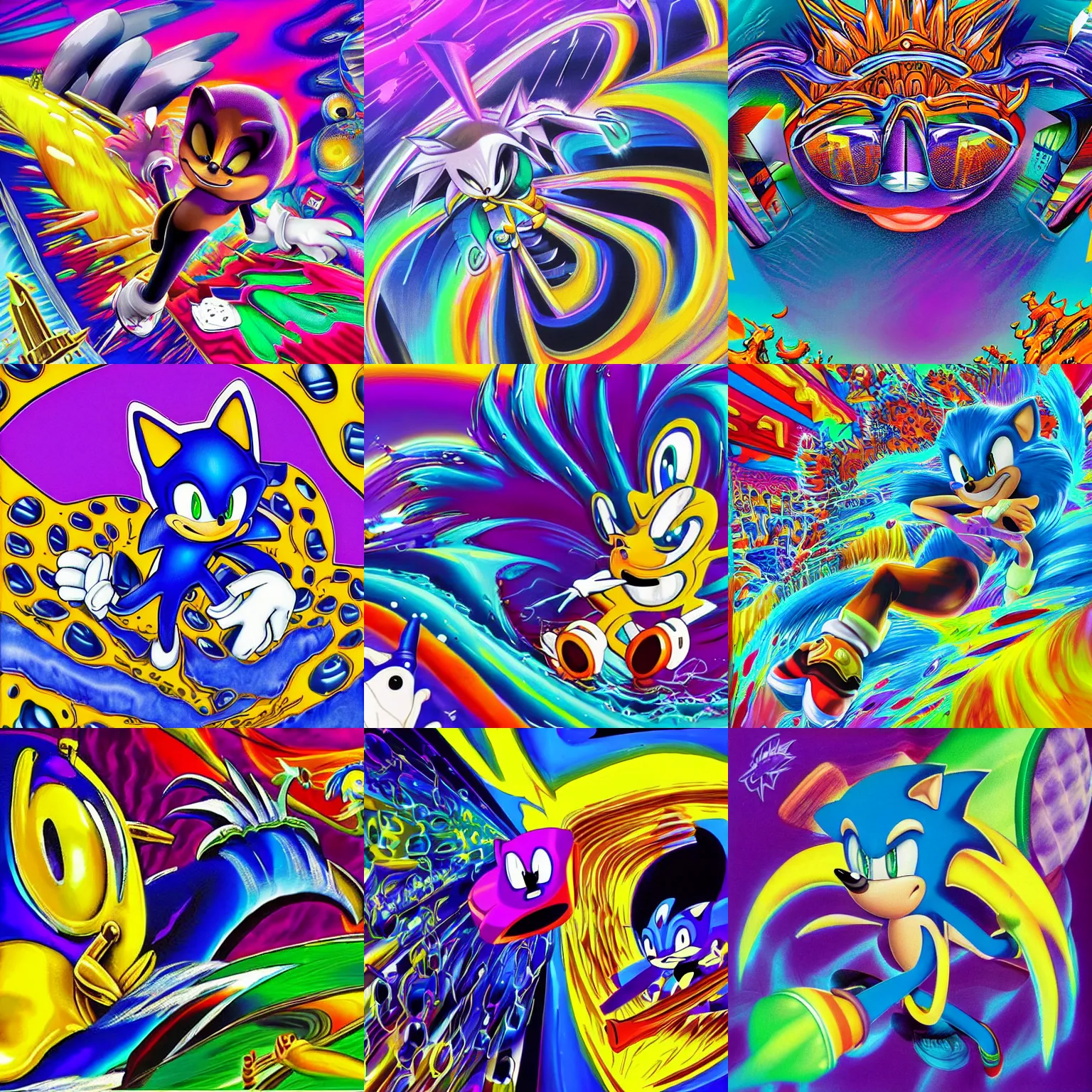 Image similar to surreal, sharp, detailed professional, high quality portrait sonic airbrush art MGMT album cover portrait of a liquid dissolving LSD DMT sonic the hedgehog surfing through cyberspace, purple checkerboard background, 1990s 1992 Sega Genesis video game album cover